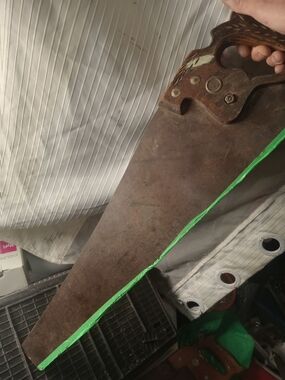 Vintage Large Hand Saw with Decorative Wooden Handle - Brown Blade, Green Trim